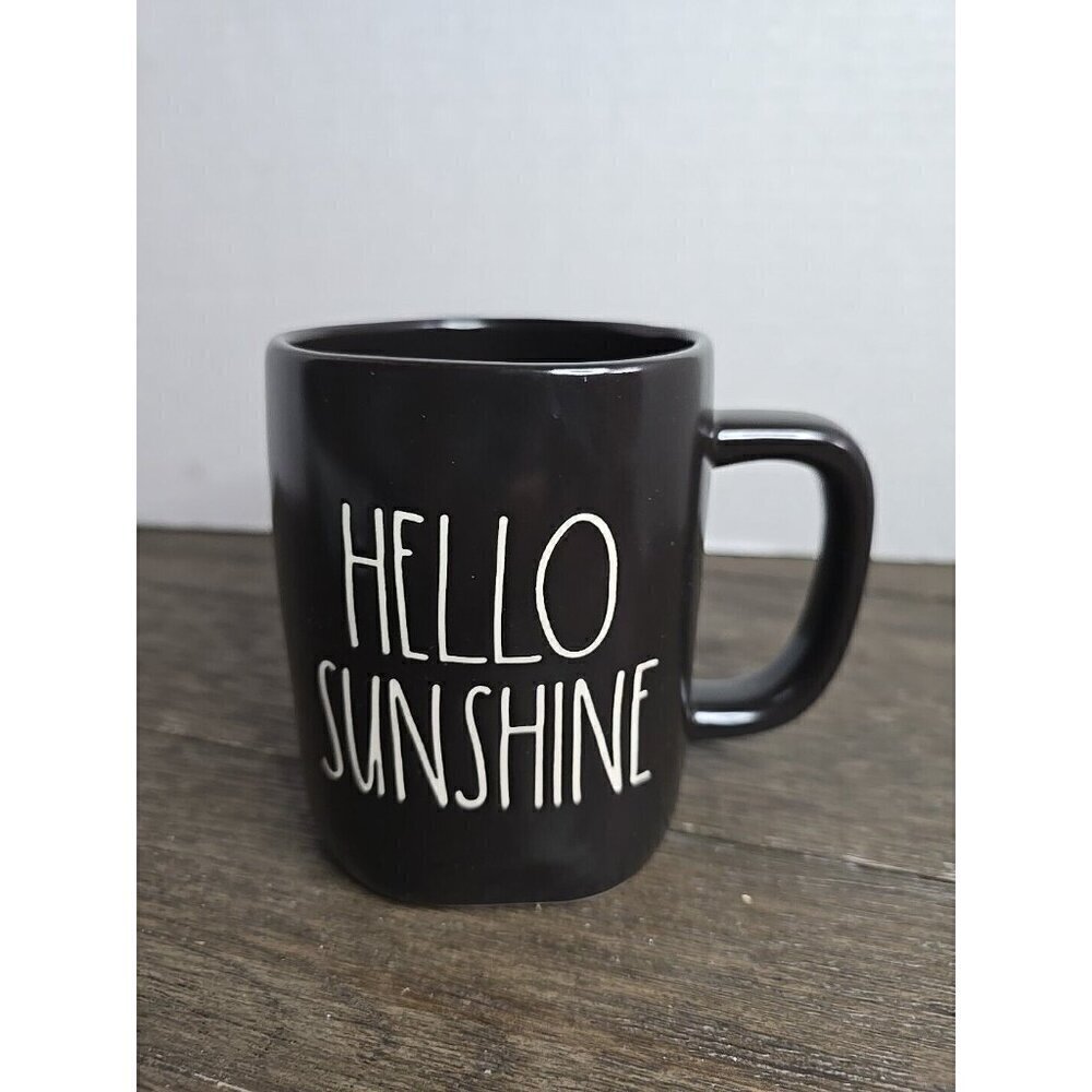 NWT Rae Dunn Artisan Hello Sunshine Black Ceramic Coffee Mug White Lettering